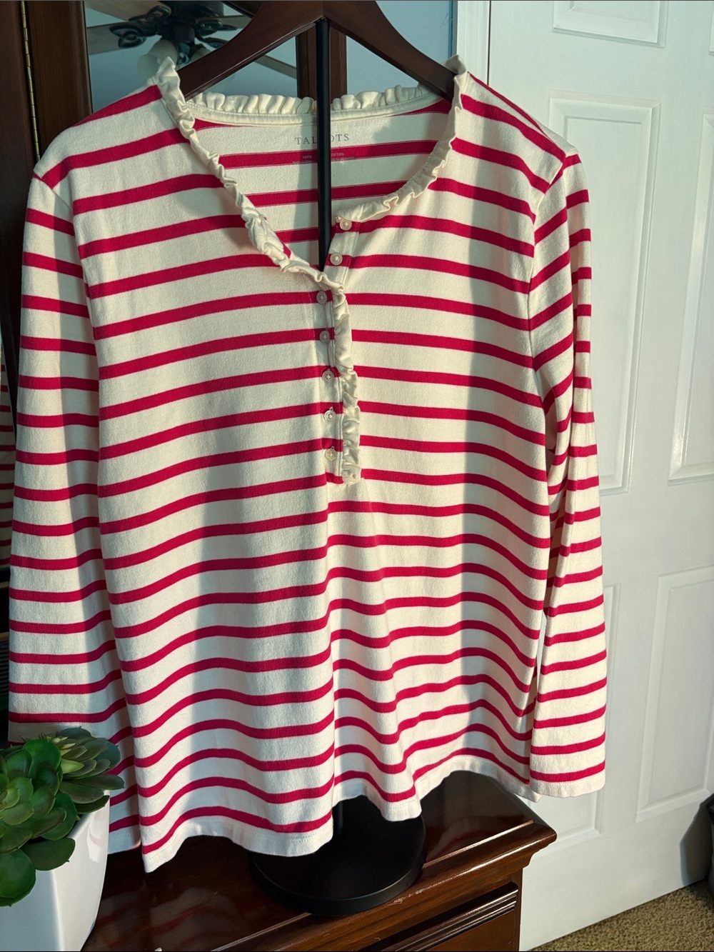 Talbots Cream and Red Striped Ruffle Henley Sweater